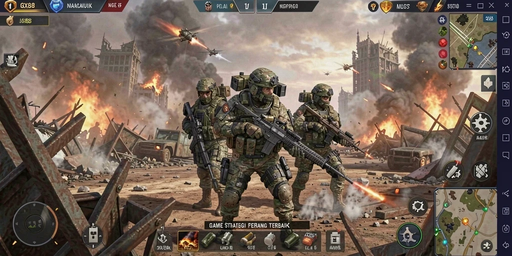 Screenshot gameplay GX88 yang menampilkan pertempuran strategis.