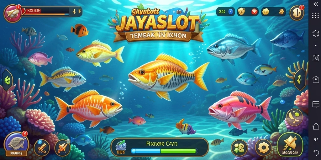 Screenshot menampilkan aksi menembak ikan dalam JAYASLOT dengan grafis yang hidup.