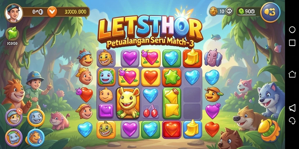 Gameplay seru LETSTHOR dengan permata berwarna-warni dan tantangan menarik.