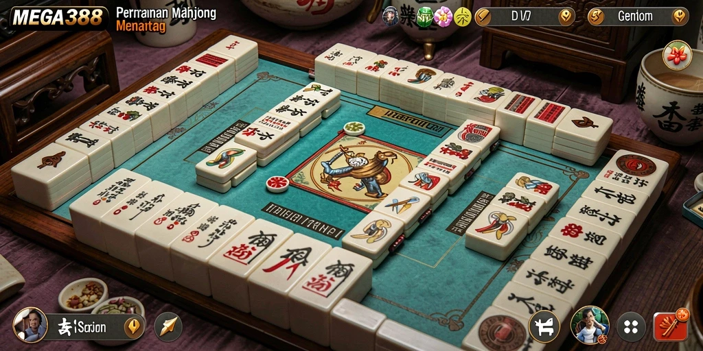 Screenshot gameplay MEGA388 menampilkan papan Mahjong yang penuh warna.