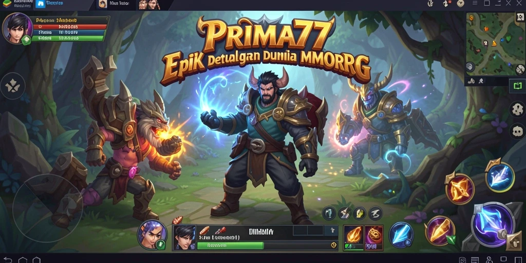 Tampilan gameplay <strong>PRIMA77</strong> dengan pertempuran yang mendebarkan dalam dunia fantasi.
