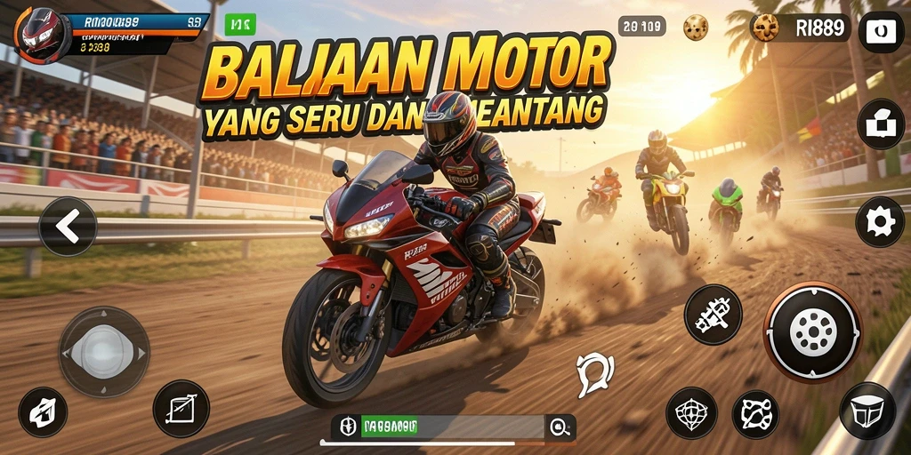 Screenshot gameplay RI889 dengan aksi balapan motor yang cepat dan mendebarkan.