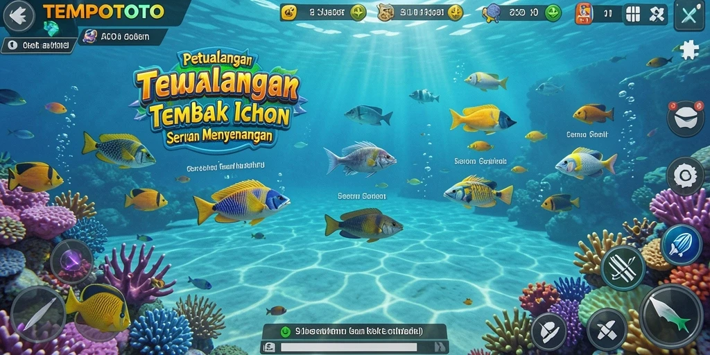 Screenshot gameplay TEMPOTOTO menampilkan aksi menembak ikan yang seru.